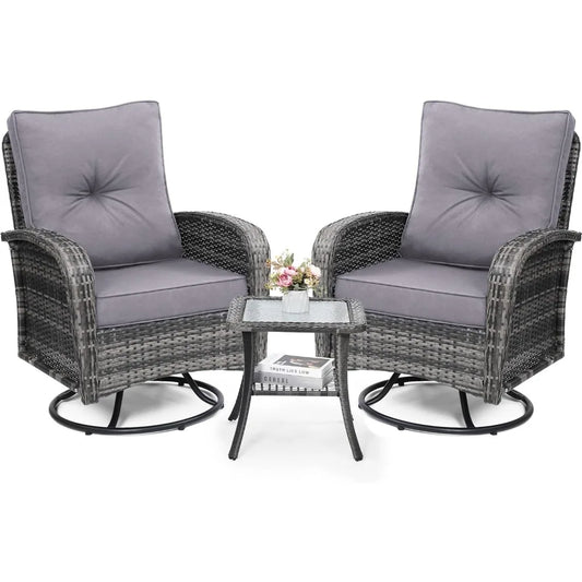 2 Luxury Outdoor Swivel Wicker Glider Chairs, Table, Overstuffed Washable Cushions,  Porch,Deck
