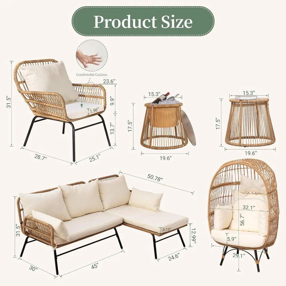 7-piece Bohemian Courtyard Furniture Sofa ,Including Egg Chairs, L-shaped Leisure Chairs, Cushions