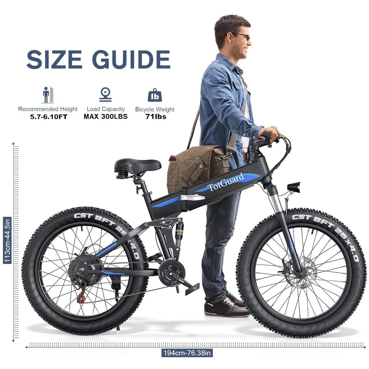 26" x4.0 Fat Tire E-Bike, Folding, Mountain Commuter, Peak 1000W Motor 21.6 MPH, Adults