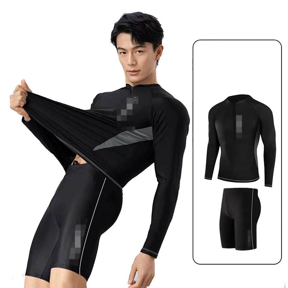 Mens Quick-Drying Swimsuit Long-Sleeved Sun-proof Beach T-shirt Snorkeling Surfing Suit