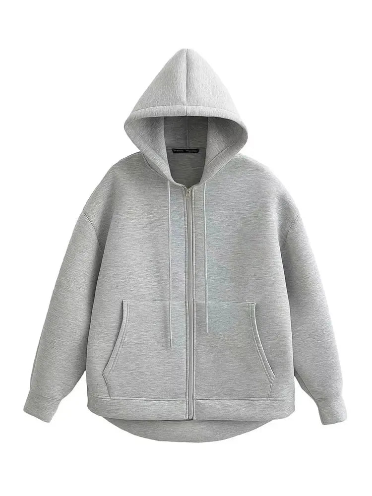 Autumn Women Gray Jacket, Hood Long Sleeve Big Pocket Zipper Woman Loose Casual Outerwear Coat Tops