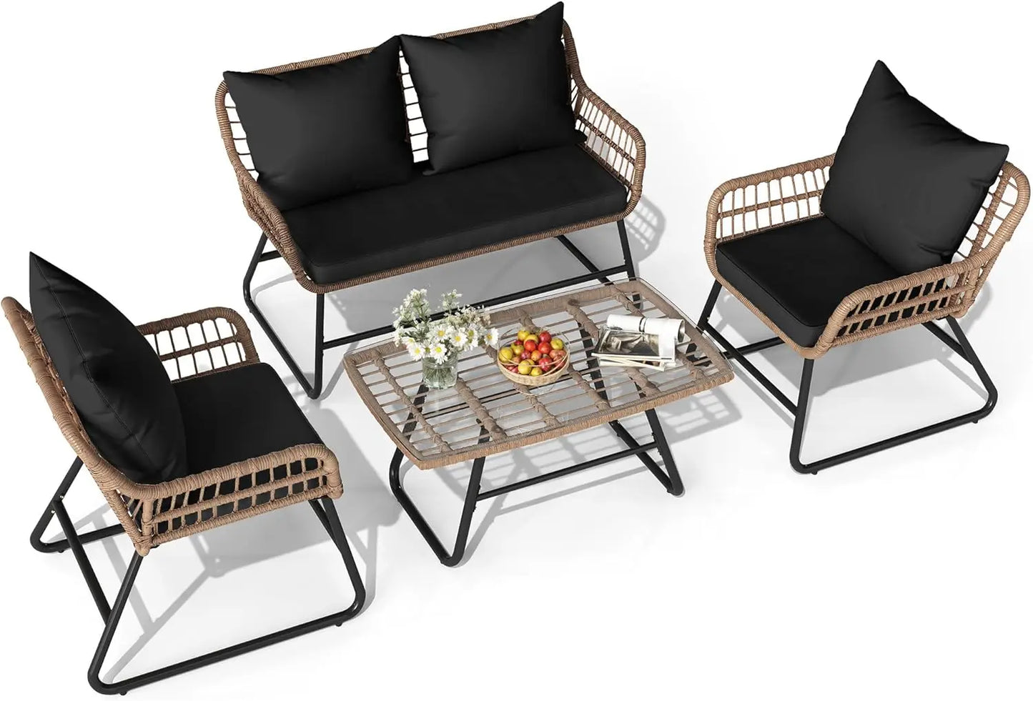 Outdoor Patio Set 4 Pieces, Wicker,Soft Cushion & Coffee Table, Rattan Bistro Set Patio Set Chairs
