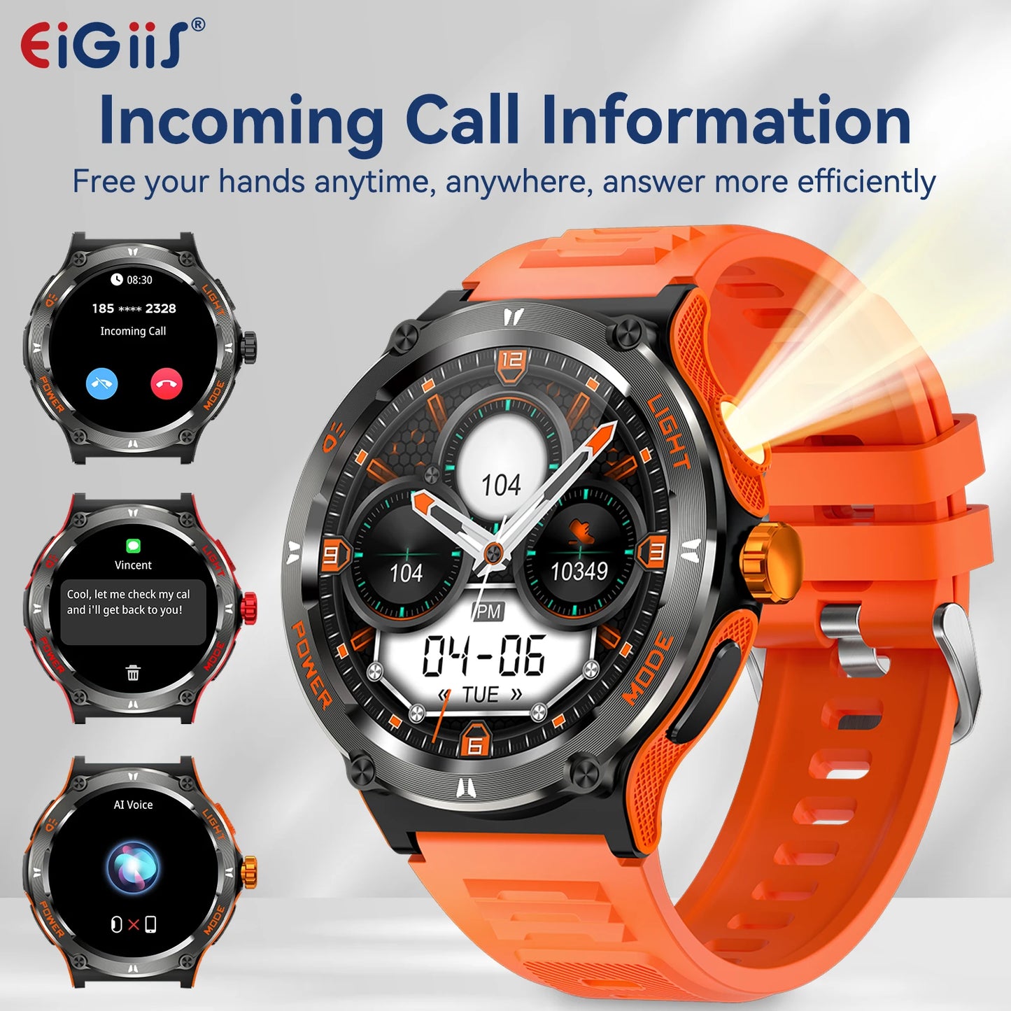 Smart Watch 3ATM Waterproof 1.53" KT76, Compass, LED Flashlight Heart Rate Sleep Analysis Bluetooth