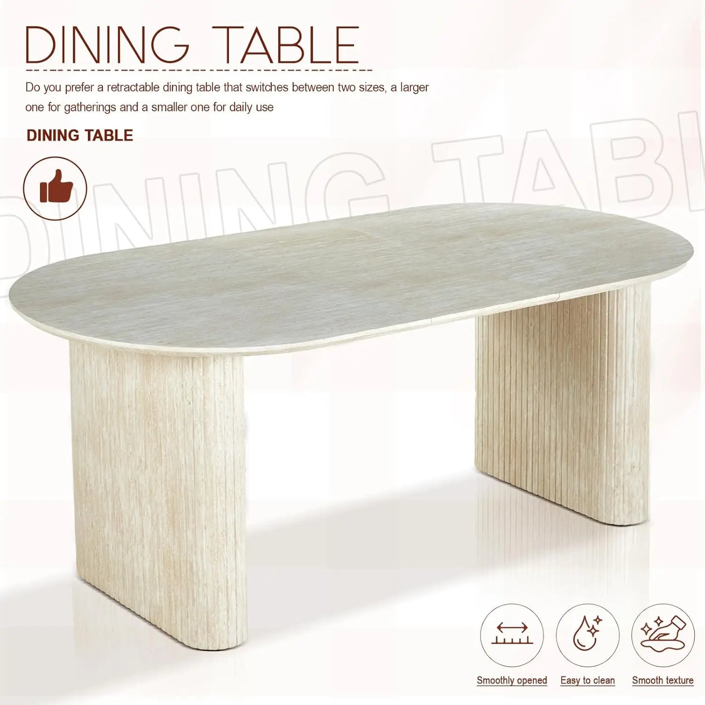 Extendable Oval Wooden Dining Table Seats 4-8 Curved Fluted Base 90in White Oak 4 Panels