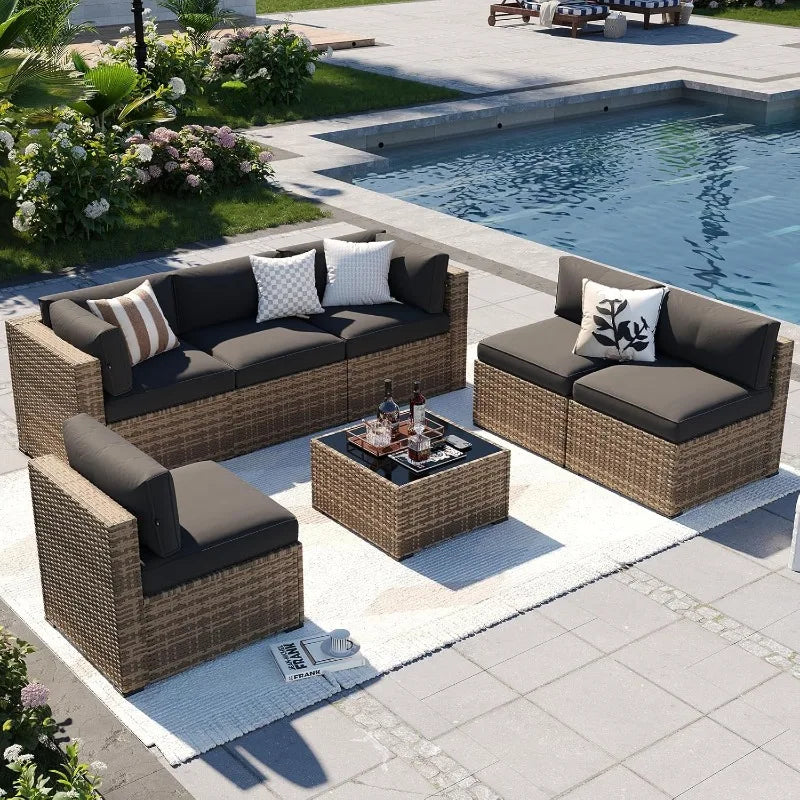 Patio Furniture.7-Piece Outdoor,Thick Cushions, Wicker Outdoor Conversation Set Sectional Sofa