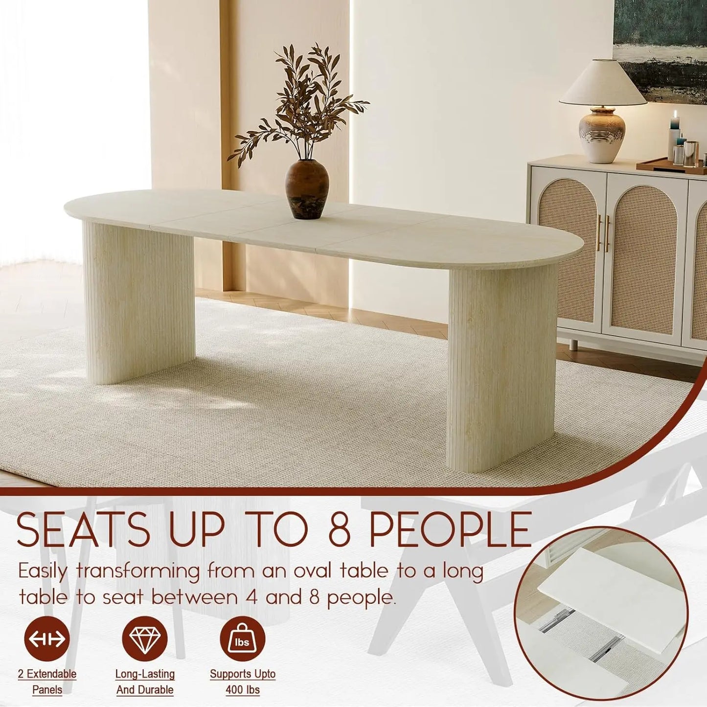 Extendable Oval Wooden Dining Table Seats 4-8 Curved Fluted Base 90in White Oak 4 Panels