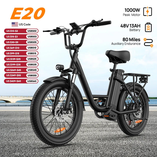 1000W E20 Electric Bike 13Ah Removable Battery, 20MPH, 20''X3" Fat Tire, 7-Speed Dual Disc Brake