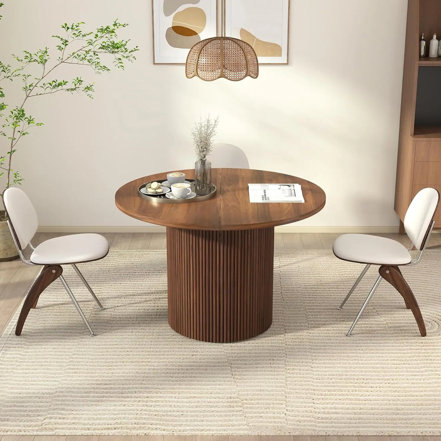 41 in-78 in Extendable Dining Room Table, 4-8, Round Expandable Table, Fluted Base, Modern Farmhouse