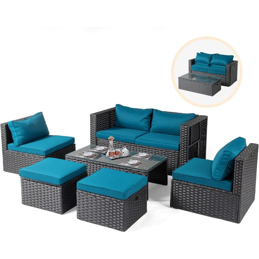 6 Pieces Wicker Patio Set, Outdoor Sectional Conversation Set Space-Saving Design with Ottomans