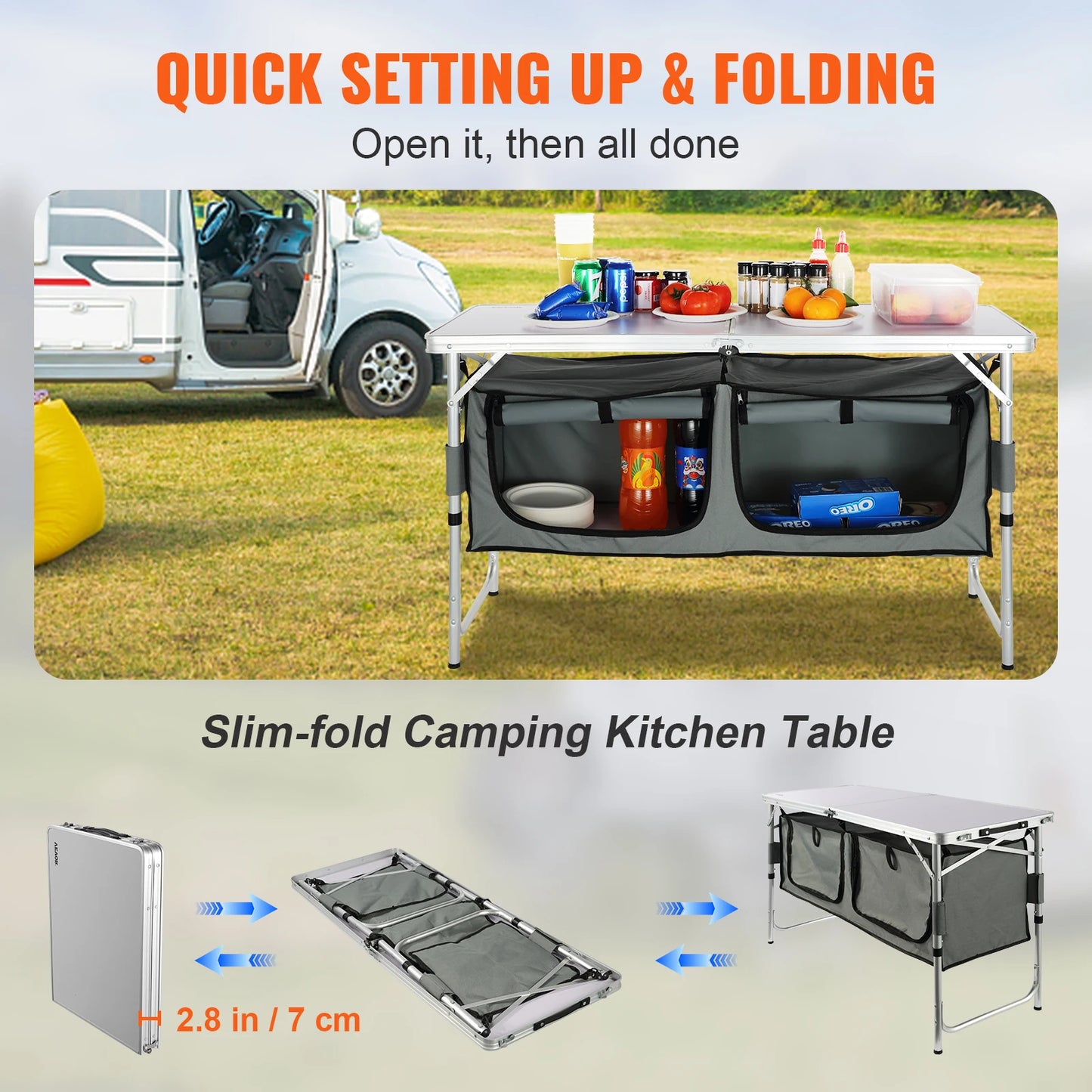 Camping Kitchen Table Quick set-up Folding MDF, Outdoor Picnics BBQ Camping RV Traveling
