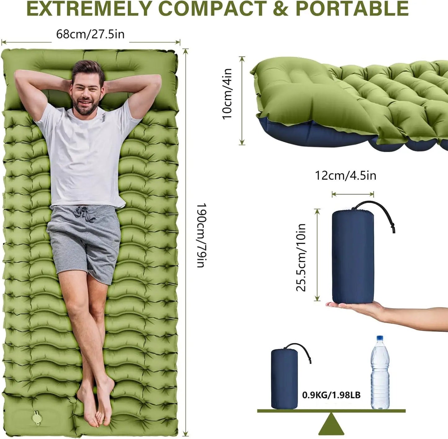 Outdoor camping super thick 4-inch inflatable sleeping mat, built-in pillow and pump
