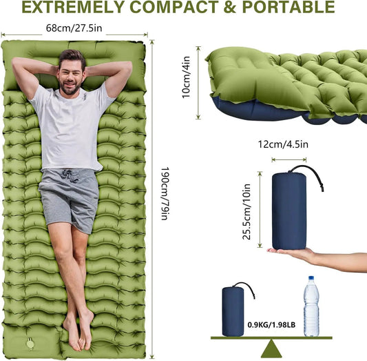Outdoor camping super thick 4-inch inflatable sleeping mat, built-in pillow and pump