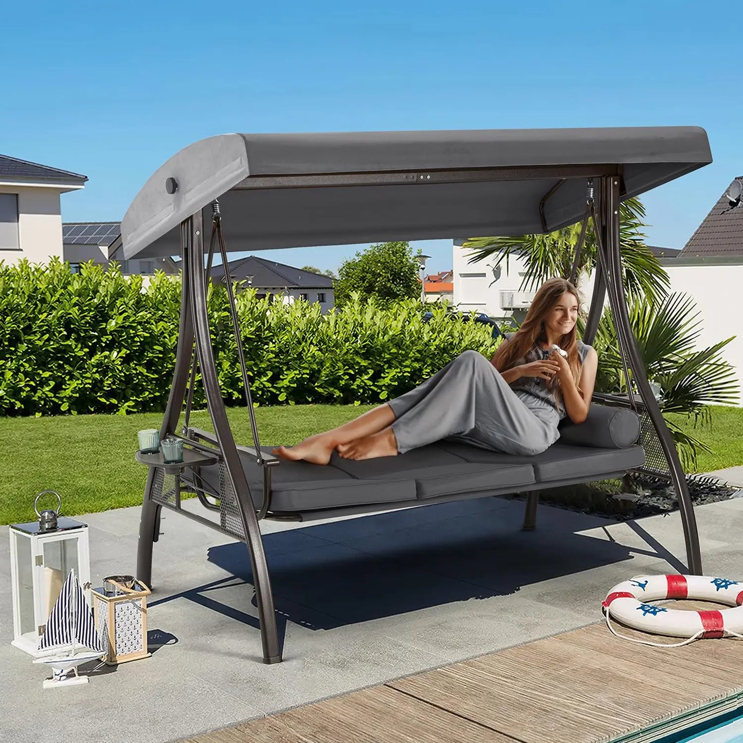 3 Person Outdoor Porch Swing,1.5" Upgraded Cup Holder, Adjust Canopy, Backrest, Patio Swing Bed