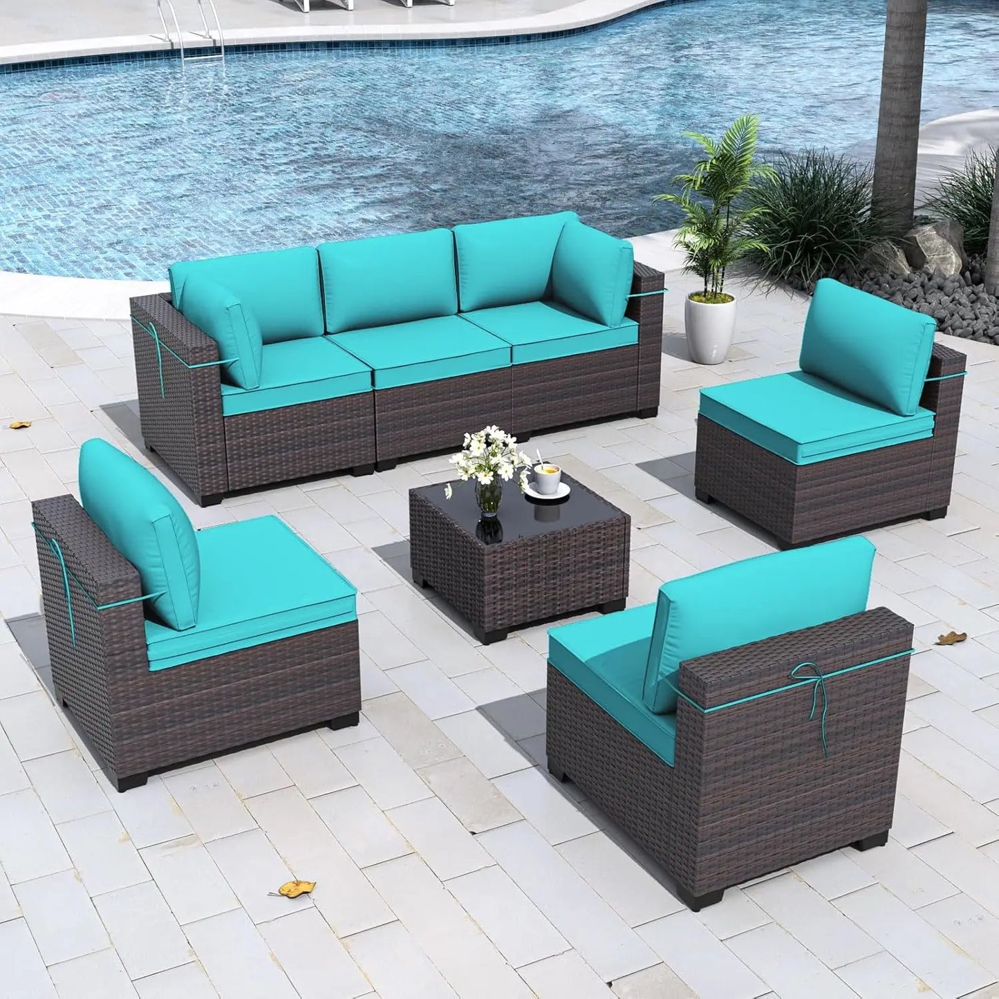 7 Pieces Patio Furniture Set, 4’’ Thick Cushions, All-Weather PE Rattan 29.5'' High Backrest