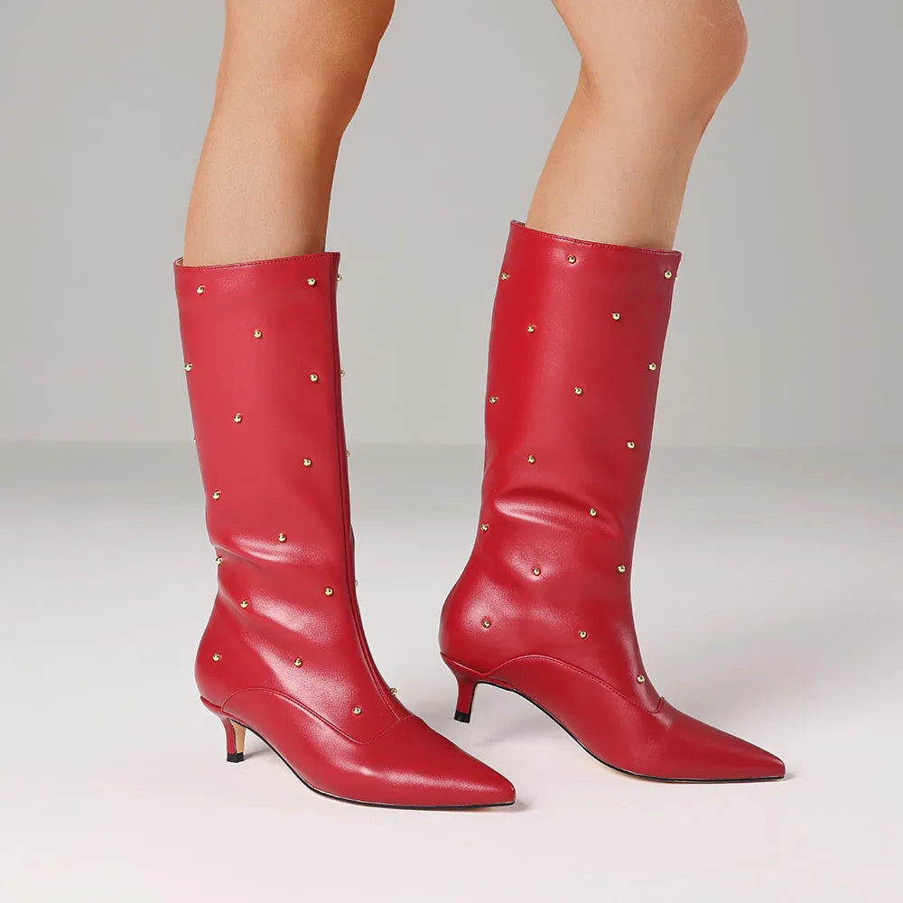 Fashion Women Mid Calf Boots Point Toe Med Heels Rivet Metal Wide Calf Boots 2025 Designer