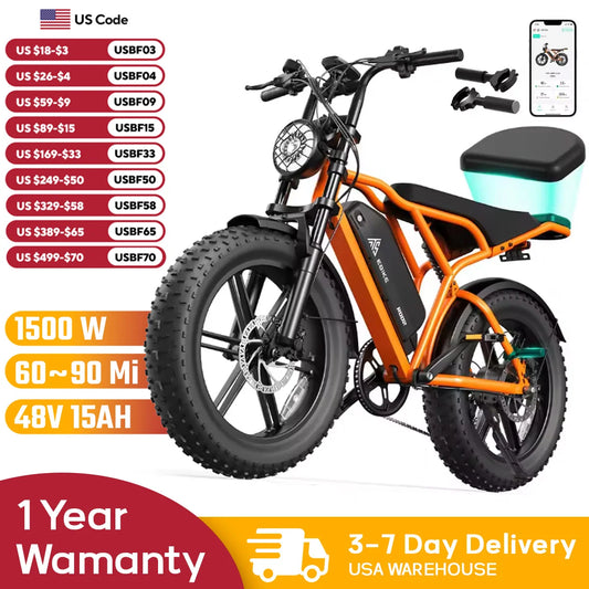 TST R002S 1500W E-Bike, 20" fat tires, all-terrain, 60-90 miles range, 28MPH, 48V 15/25Ah battery.