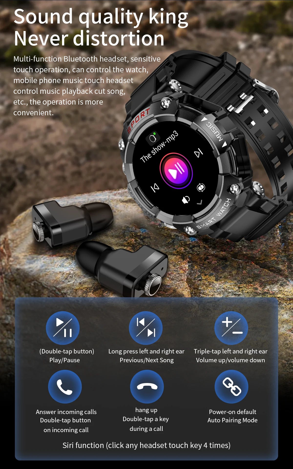 Smart Watch AMOLED Display In-Ear Bluetooth Headset Heart Rate Blood P, Oxygen Sat. Monitoring HD