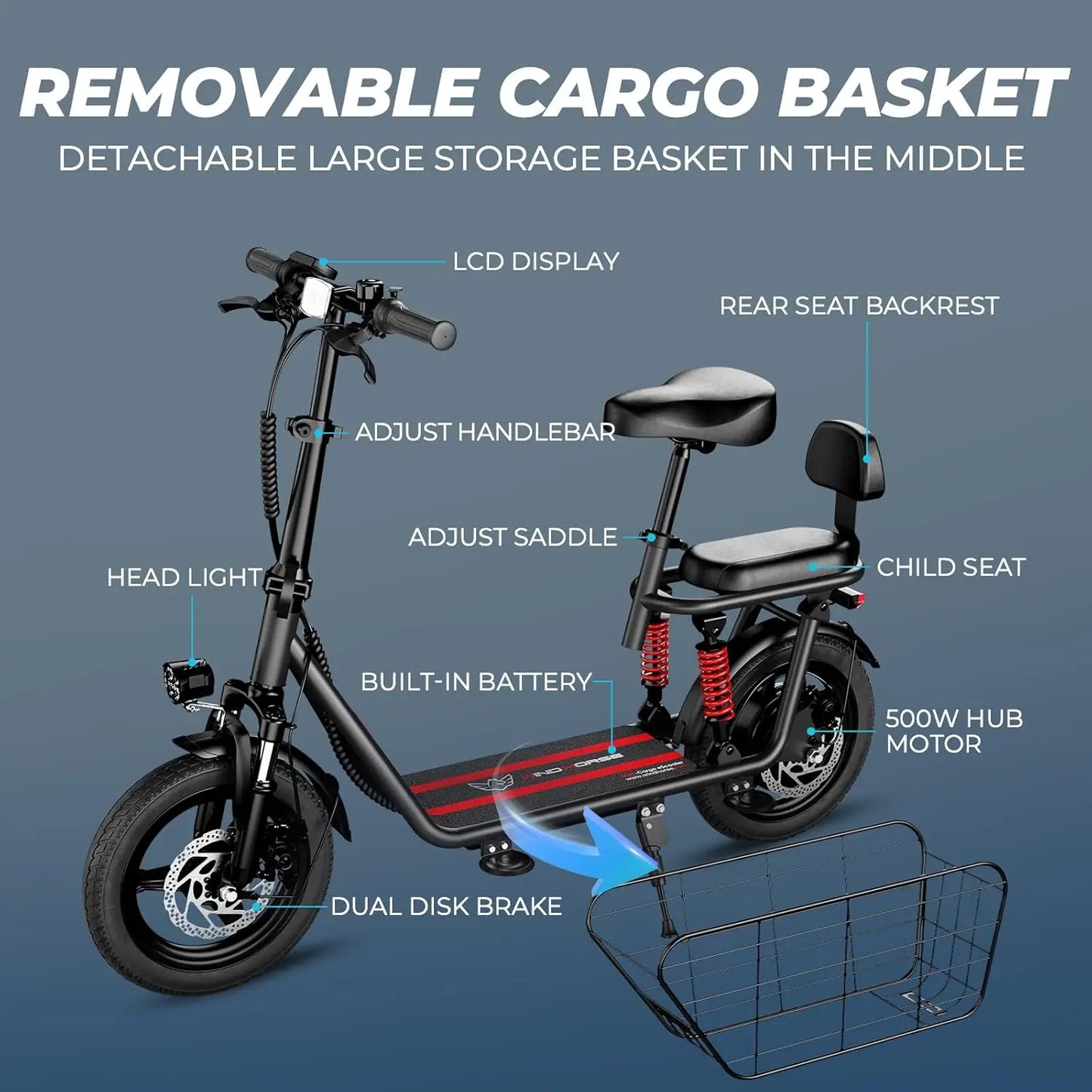 850W Elec. scooter, 14 inch tires, dual brakes dual suspension, baskets