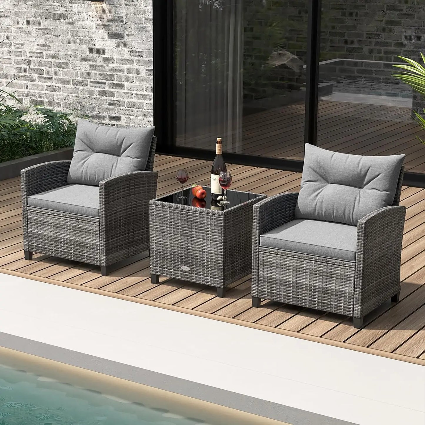 3 Piece Furniture Set, Outdoor Rattan Conversation Set Washable Cushions & Tempered Glass Tabletop