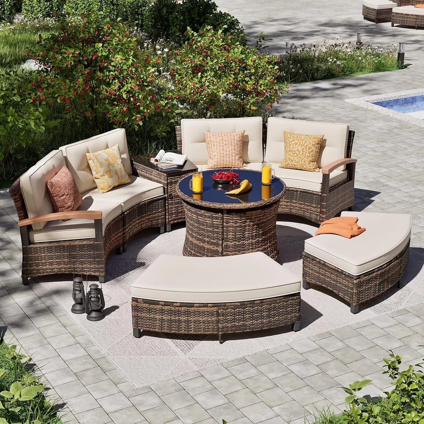 9 Piece Outdoor Patio Furniture Set, Half-Moon Curved Sectional Sofa Rattan Patio Conversation