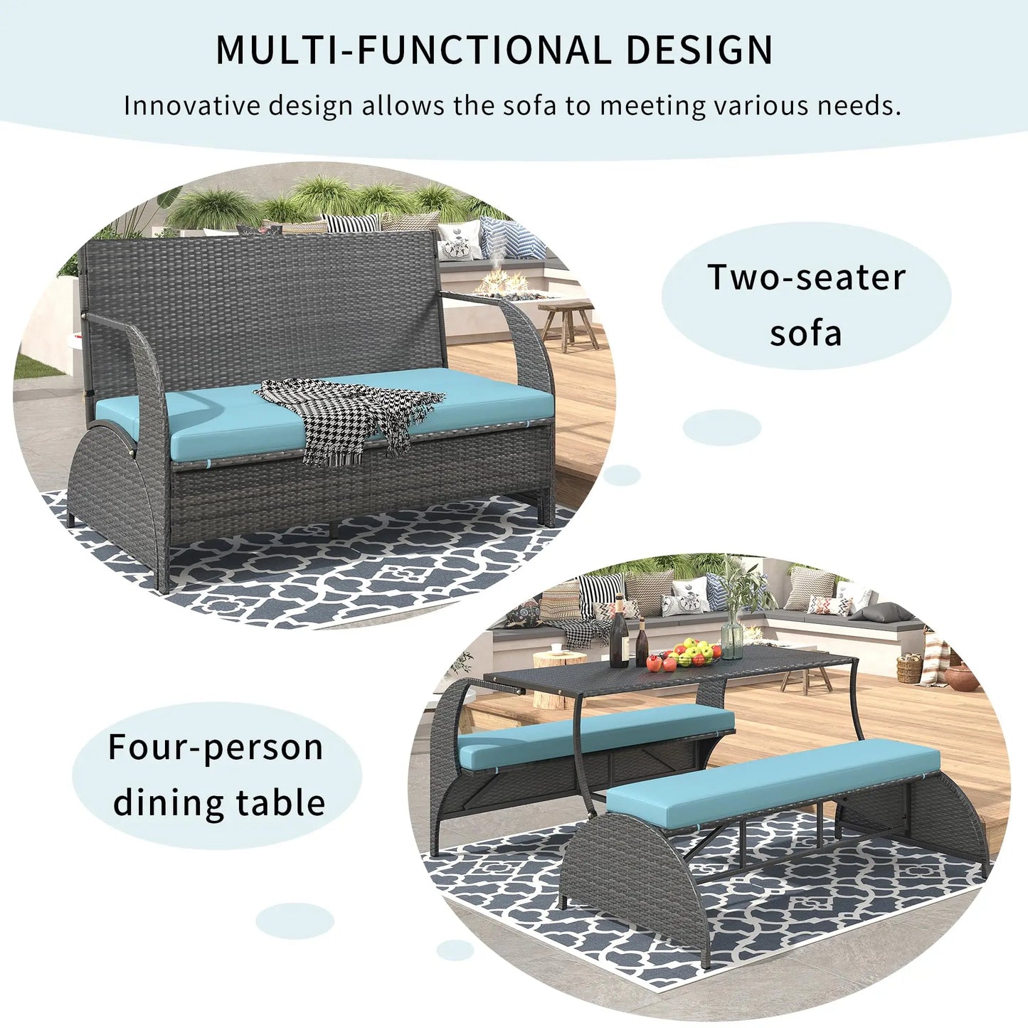 Outdr Rattan Loveseat Convertible Picnic Upholstered Bench Table Patio Convertible,4 Seats,1 Table
