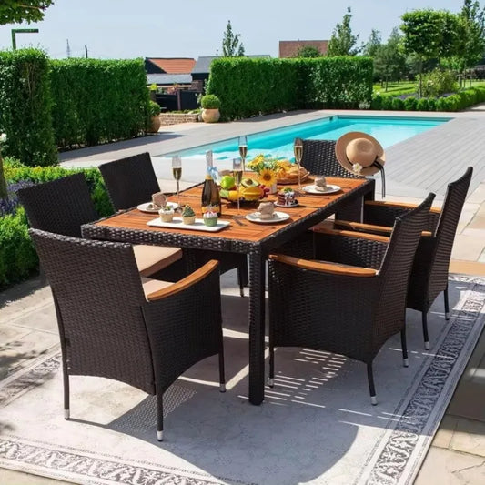 HOT-Dining 7 PCS Furniture, Patio Conversation Set, Acacia Wood Table Top, Rattan Outdoor, Black