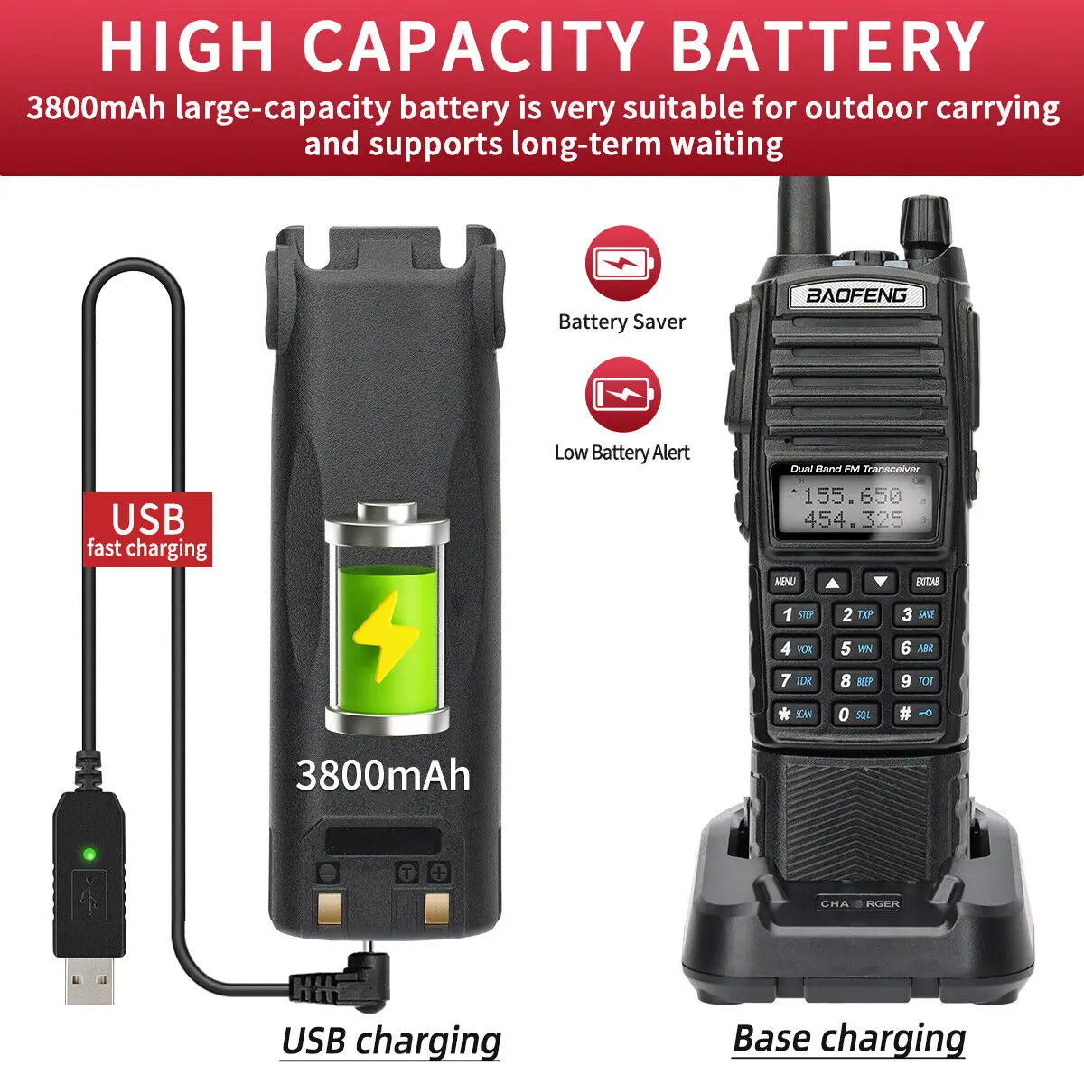 8W Walkie Talkie 3800mAh Battery UV82 Dual Band VHF UHF Long Range Emergency Ham Radio