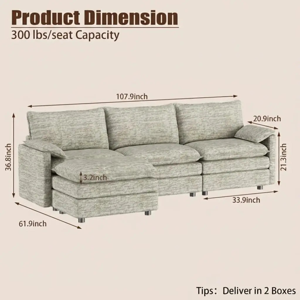 INDOOR 108" Modular Couch,Ottoman, Modern Comfy,Chenille L Shaped Sofa Deep Seat,, Customized