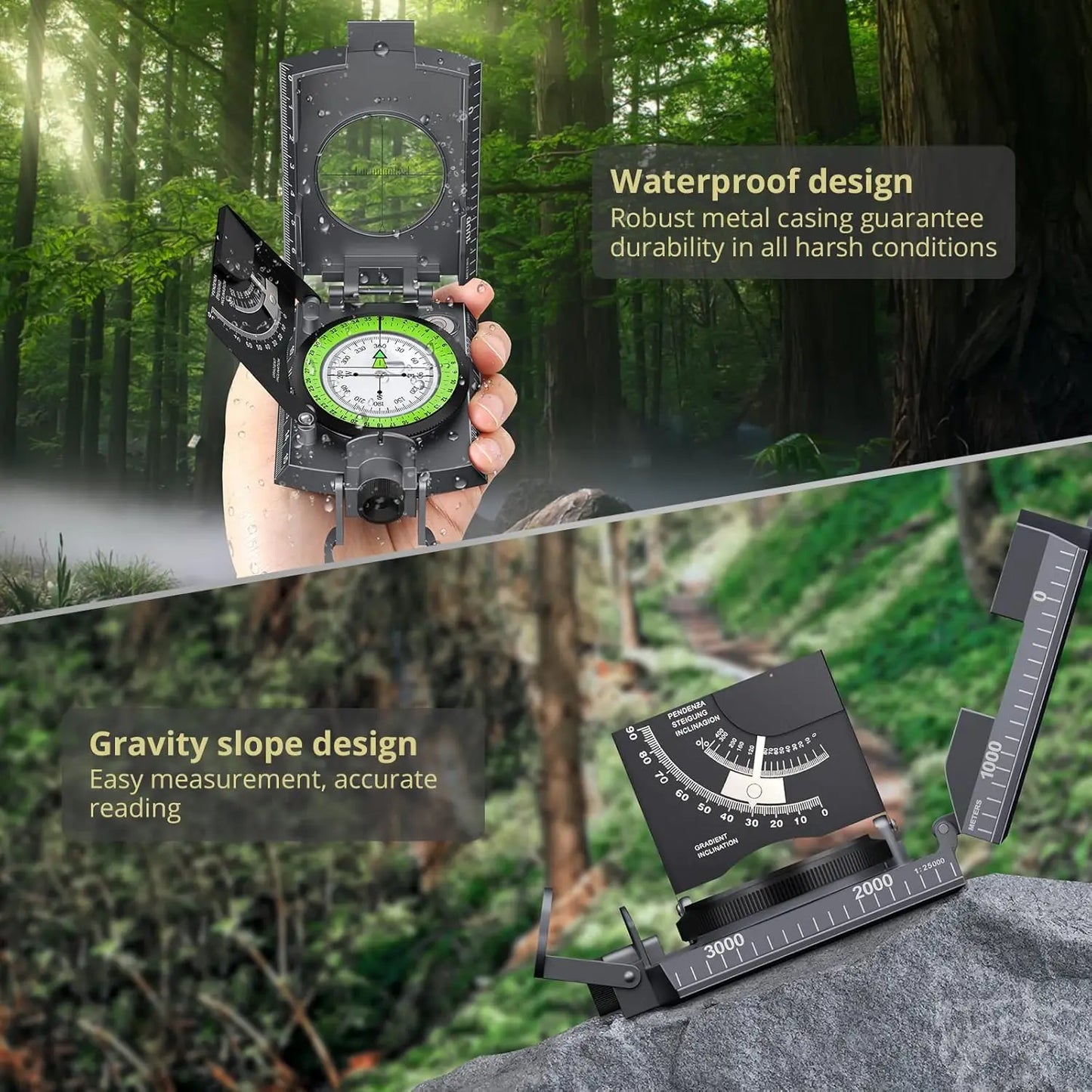 Compass Hiking,Waterproof Metal Compass,Clinometer,Lightweight,fCamping,Hunting,Hiking Navigation.