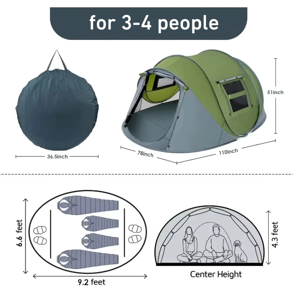 3-4 People Throw Open Tent Automatic Pop Up, Waterproof Large Family Tent for Camping Hiking Tourist