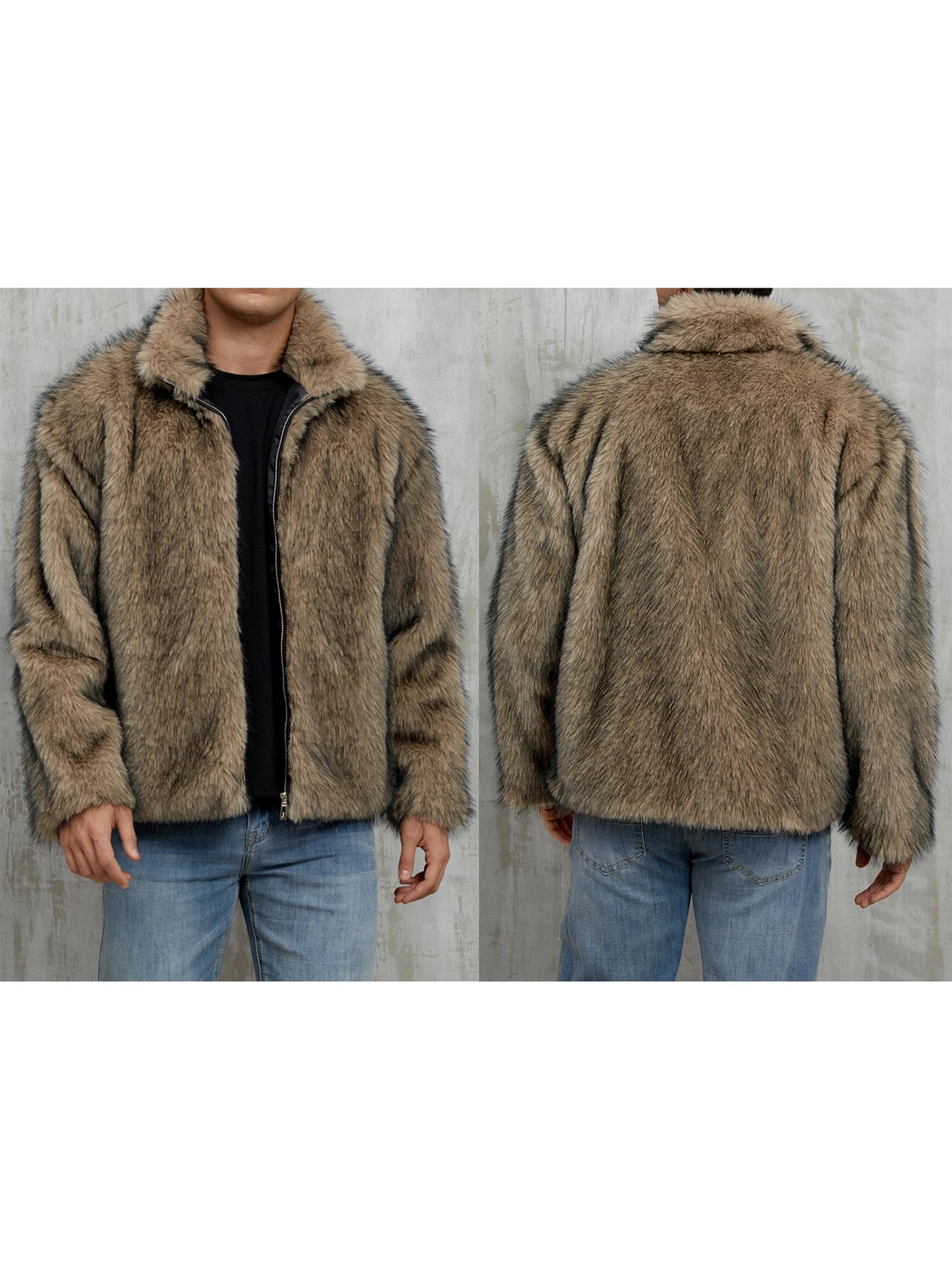 Men s Faux Fur Jacket Winter Thick Long Sleeve Stand Collar Loose Zip Up Warm Outwear Windbreaker