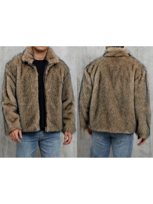 Men s Faux Fur Jacket Winter Thick Long Sleeve Stand Collar Loose Zip Up Warm Outwear Windbreaker