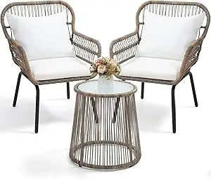 2 Luxury Outdoor Swivel Wicker Glider Chairs, Table, Overstuffed Washable Cushions,  Porch,Deck