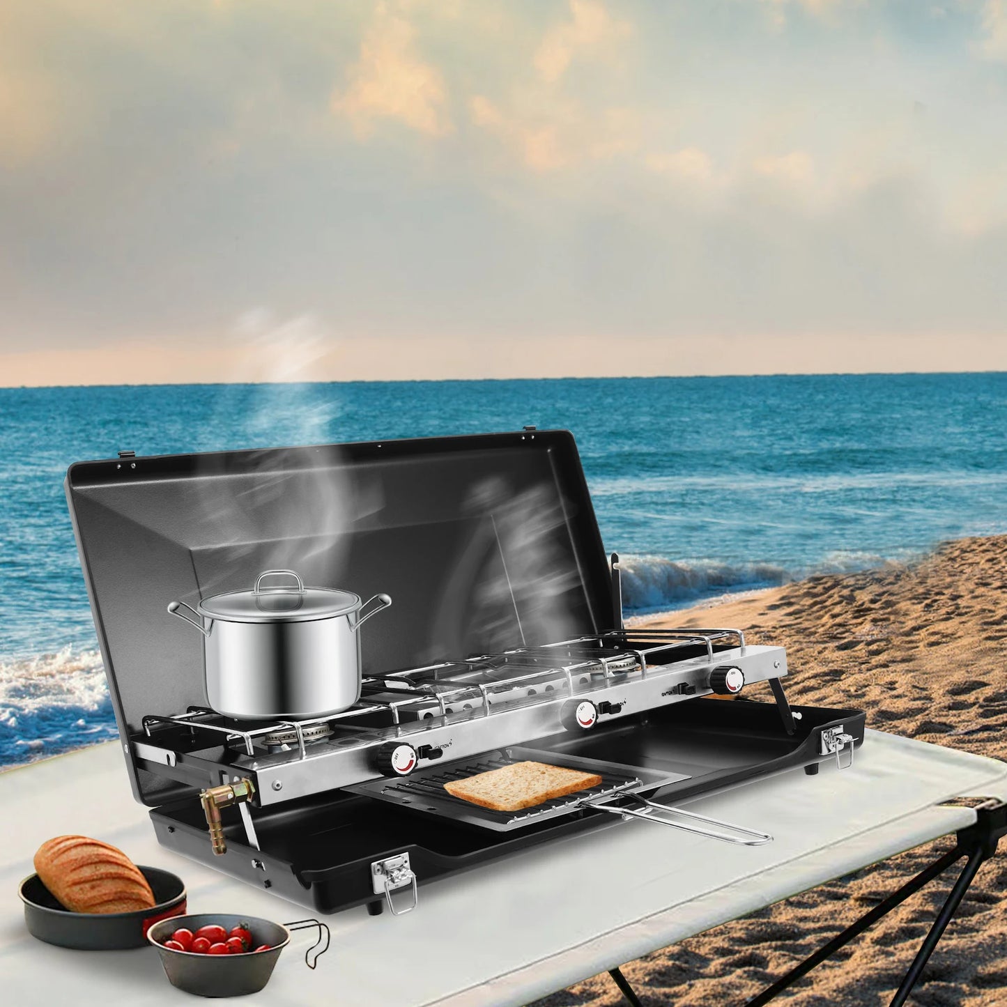 Campfire Grill] 3-Burner Durable Cold-Rolled Steel ,Windproof Lid, Camping & Outdoor Cooking