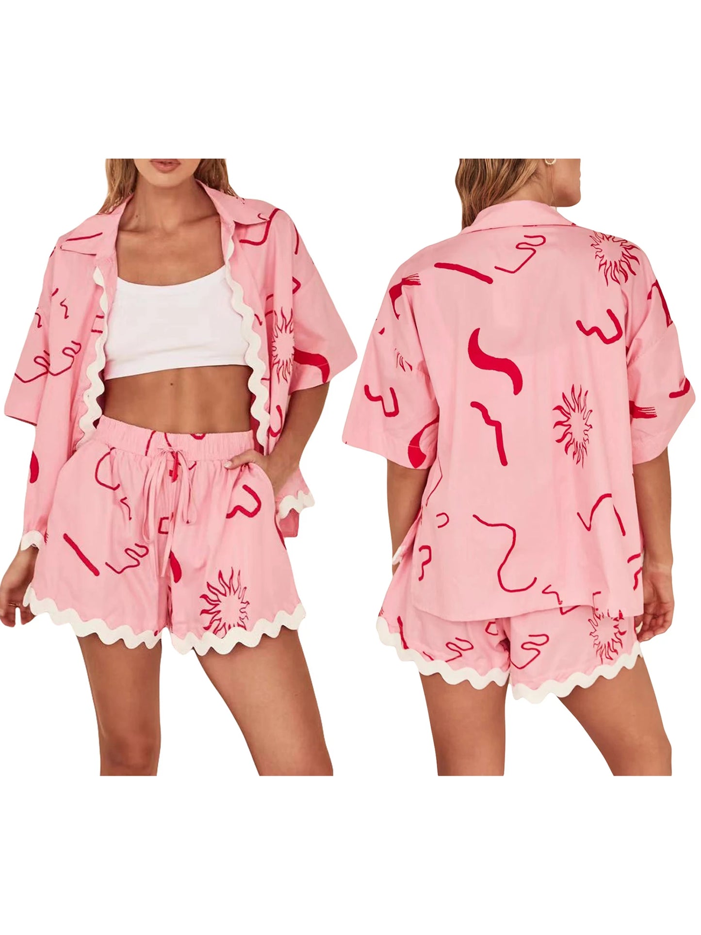 Women s Summer Loungewear Set Fashion Print Short Sleeve Lapel Button T-Shirt ,Trim Shorts Sleepwear
