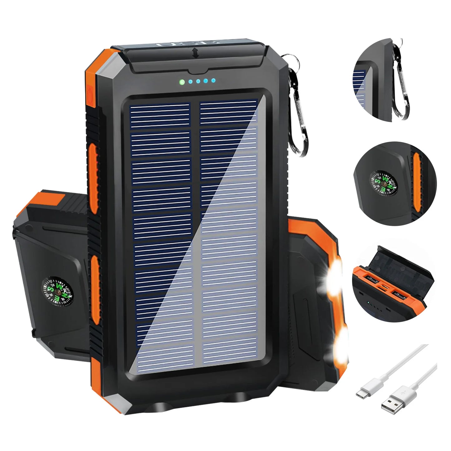 20000mAh Solar Power Bank Portable Charger Waterproof Dual 5V USB Ports 2 LED Light Flashlight Cell