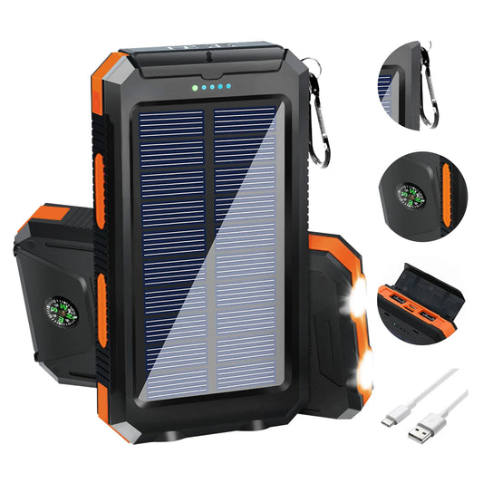 20000mAh Solar Power Bank Portable Charger Waterproof Dual 5V USB Ports 2 LED Light Flashlight Cell