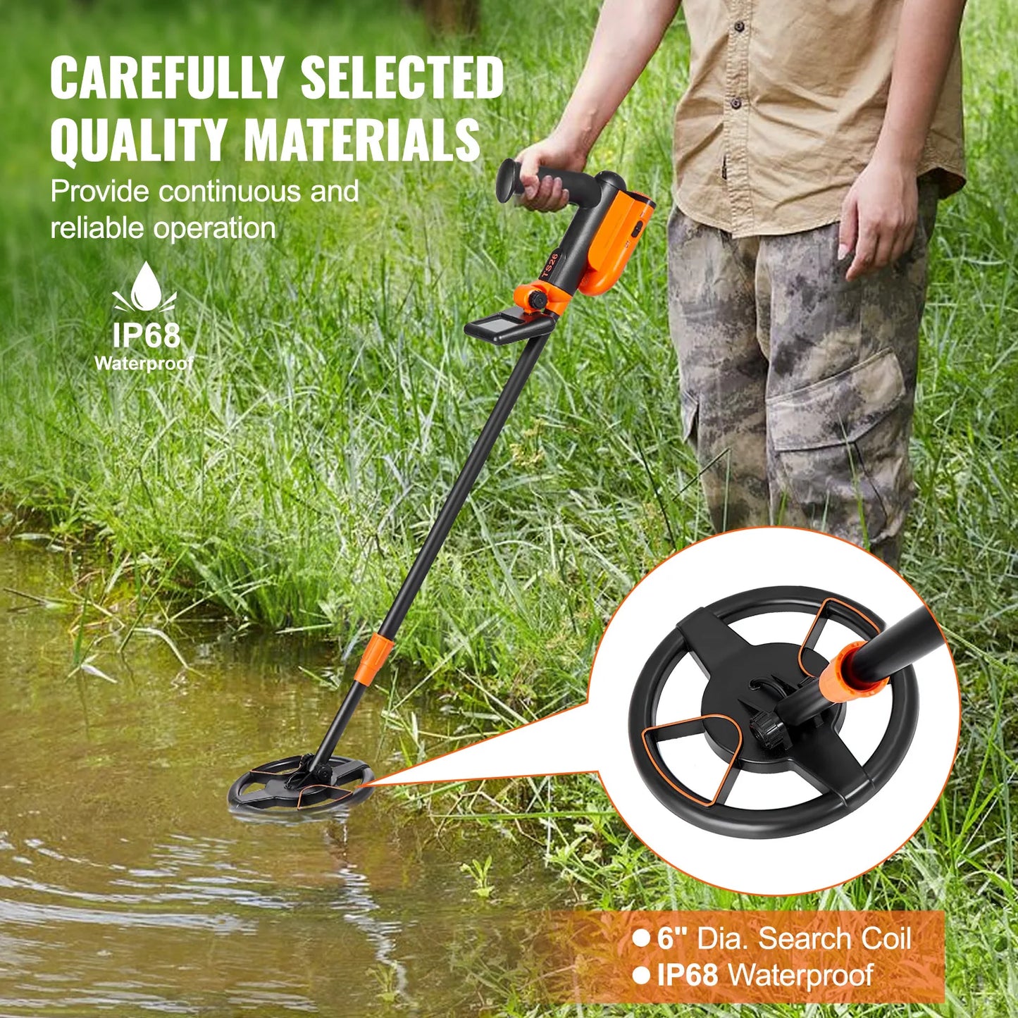 SB Metal Detector, Kids, 6 Inch 25''-37'' Adjust Length IP68 Waterproof, LCD Display Detecting Gold