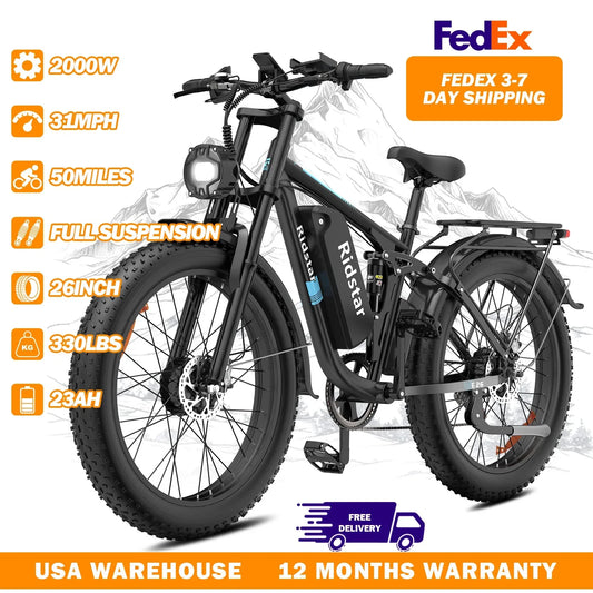 E-Bike 2000W 48V 23AH 26 Inch Fat Tire Dual Motor Hydraulic Brakes Full Suspension MTBike