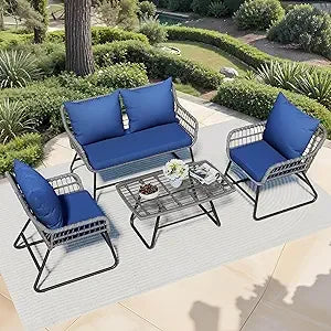 Outdoor Patio Set 4 Pieces, Wicker,Soft Cushion & Coffee Table, Rattan Bistro Set Patio Set Chairs