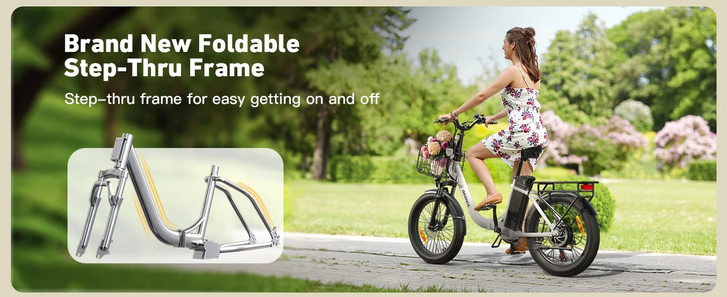QRONGE Electric Bike 1000W Peak Folding Electric Bike 486Wh 70 Miles Range Ebike 20" Step-Thru Electric Bicycle with Bike Basket