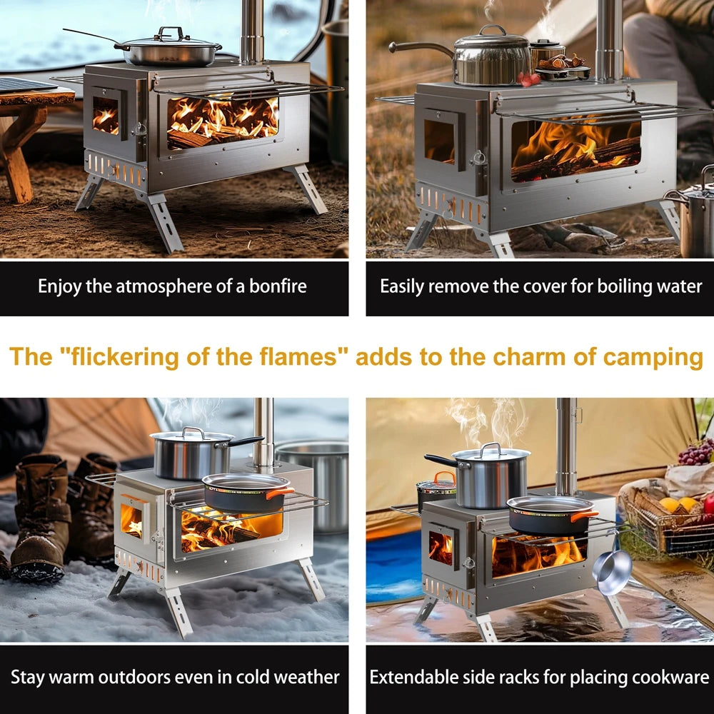 Portable Camping Wood Burning Stove Stainless Steel Tent Stove,7 Chimney Pipes Outdoor Camp Heating