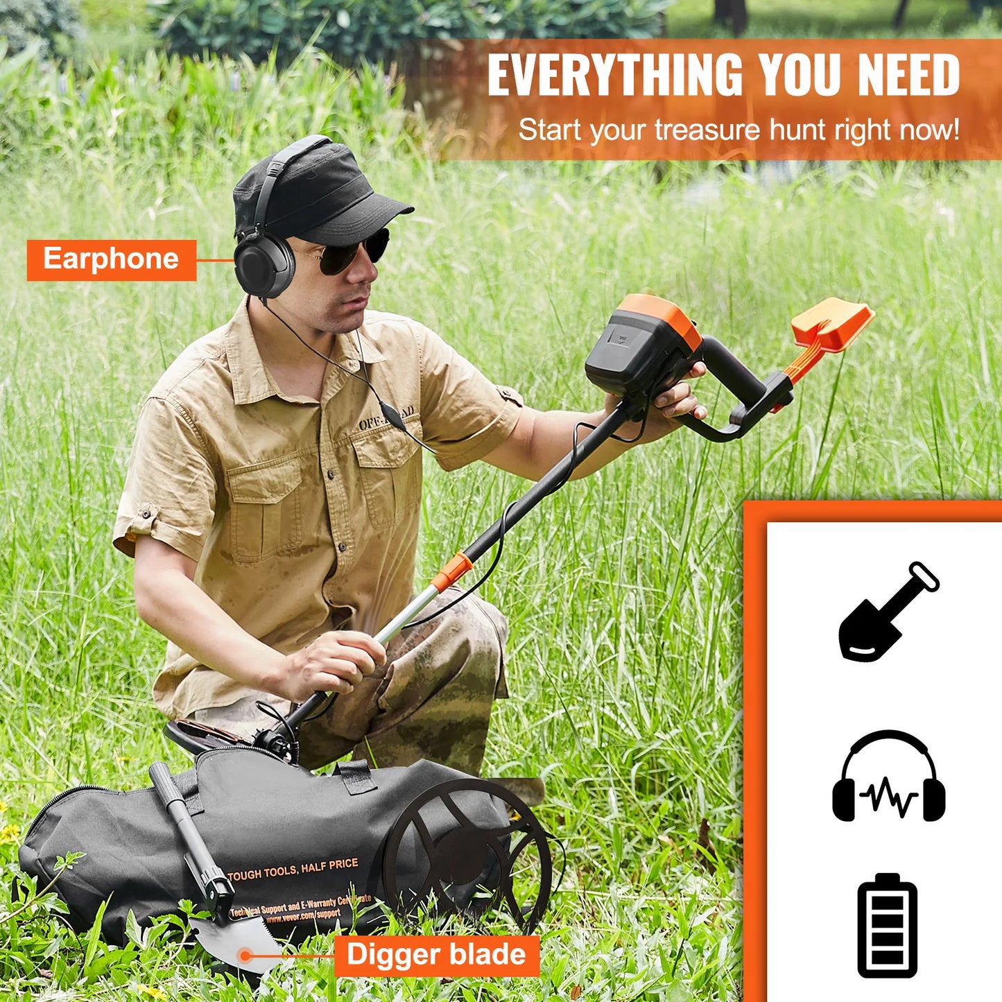 Metal Detector 8 Inch Waterproof Search Coil,High Accuracy Pointer Display Adjustable 38''-49'' Alum