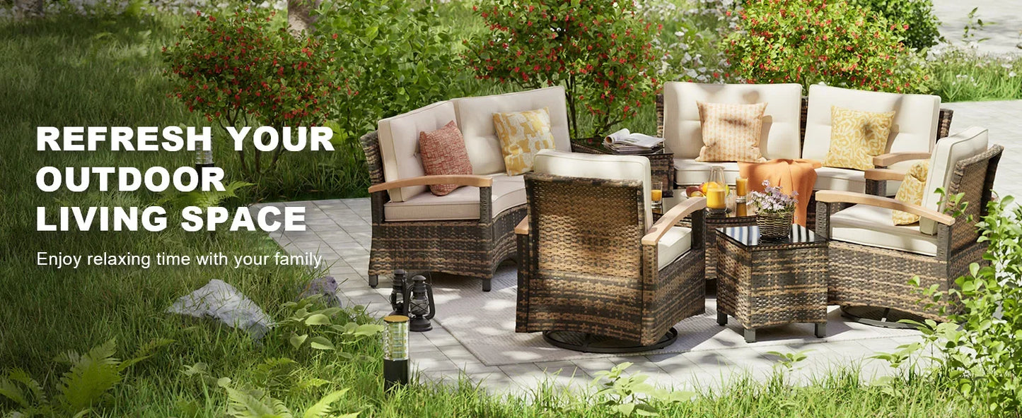 9 Piece Outdoor Patio Furniture Set, Half-Moon Curved Sectional Sofa Rattan Patio Conversation