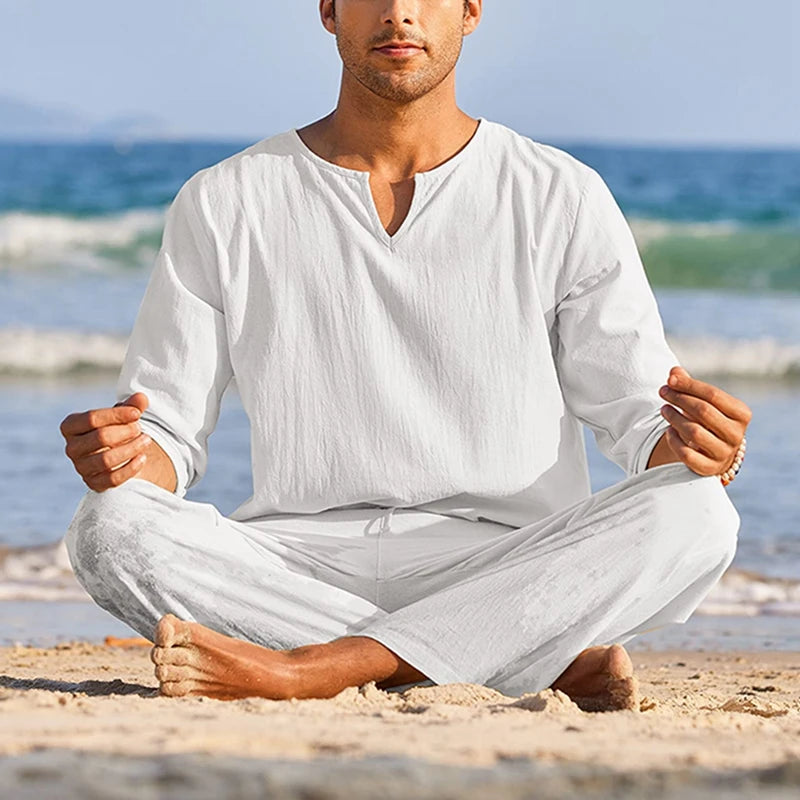 Cotton Linen Solid Color Long Sleeve Henley Shirt Elastic Waist Drawstring 2 Pieces Loungewear Set