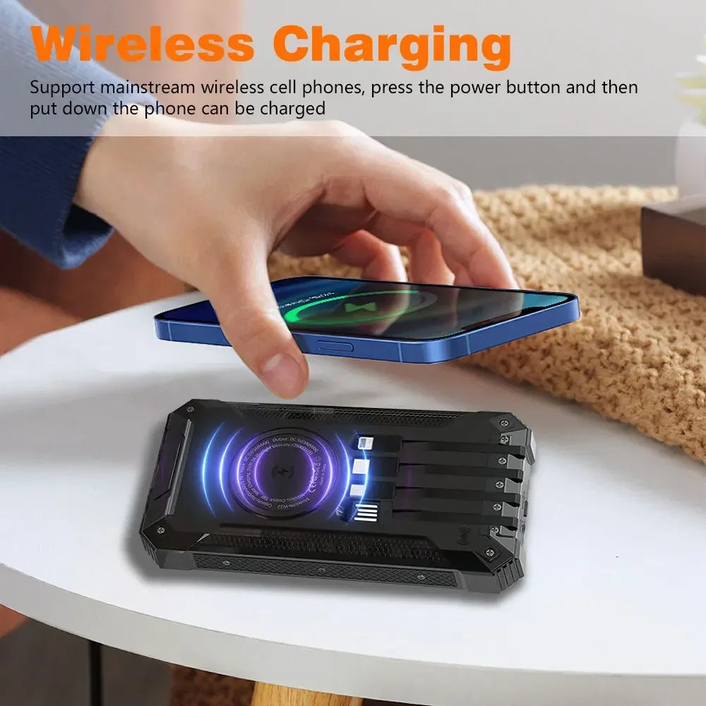 Solar Power Bank Ultra Large Capacity USB 4 in1 Super Fast Charging Built in Cables TypeC LED Light
