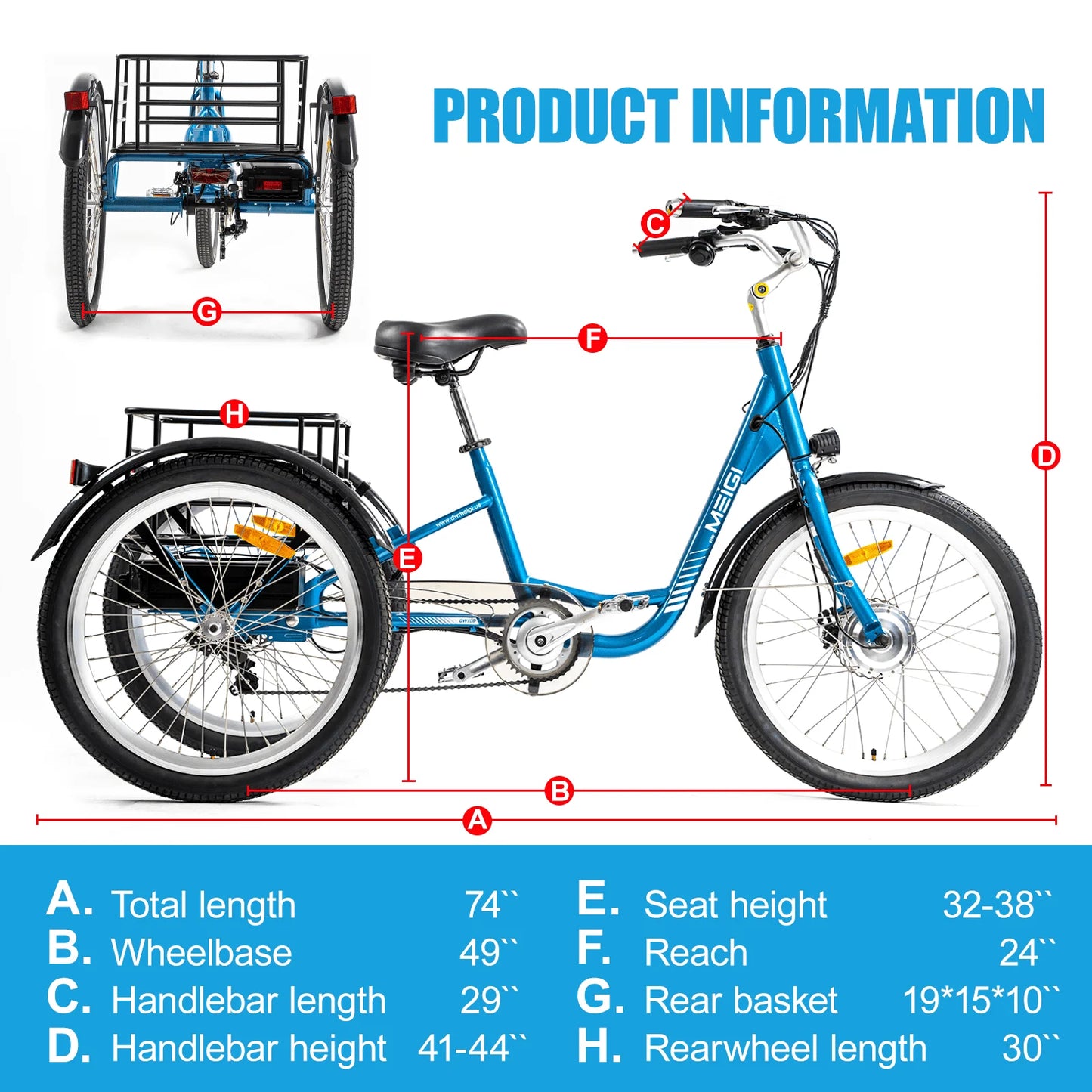 3 Wheel Electric Cargo Tricycle, Powerful Strong 750W Peak Motor 36V 24 Inch Tire Men or Women