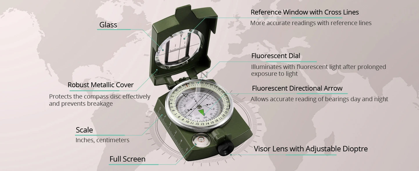 Compass, Military, Waterproof, Sighting, Bubble Levels, Carrying Bag, Hiking, Climbing, Biking.