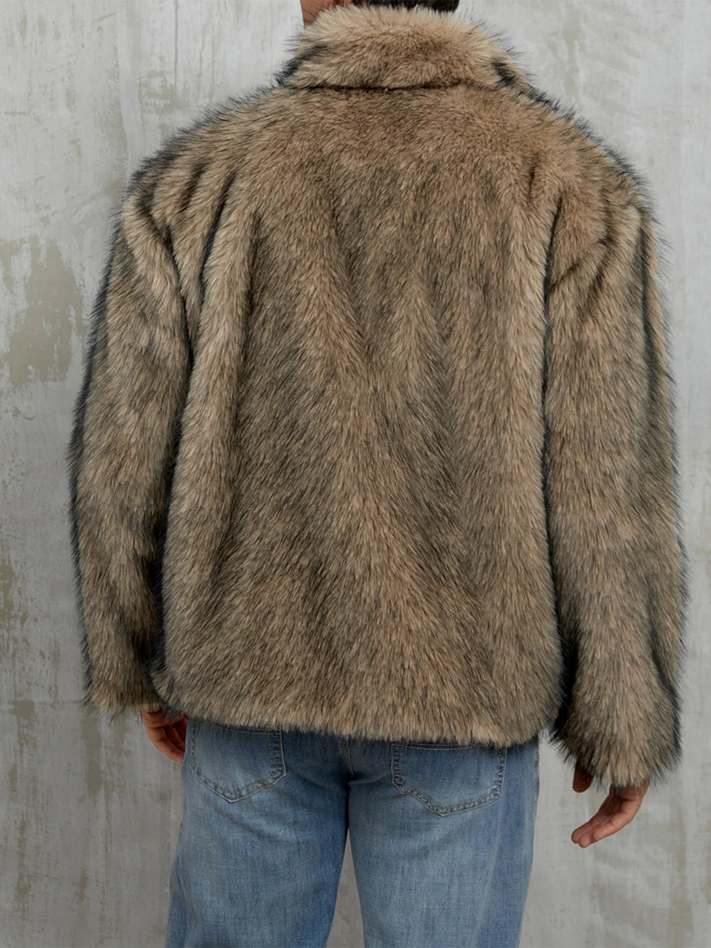 Men s Faux Fur Jacket Winter Thick Long Sleeve Stand Collar Loose Zip Up Warm Outwear Windbreaker