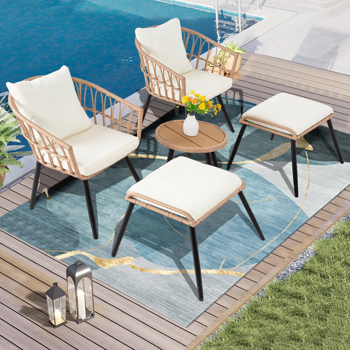 5 PiecePE Rattan Patio Furniture Set, Wicker Bistro Set, All-Weather Chairs, Ottoman & Coffee Table